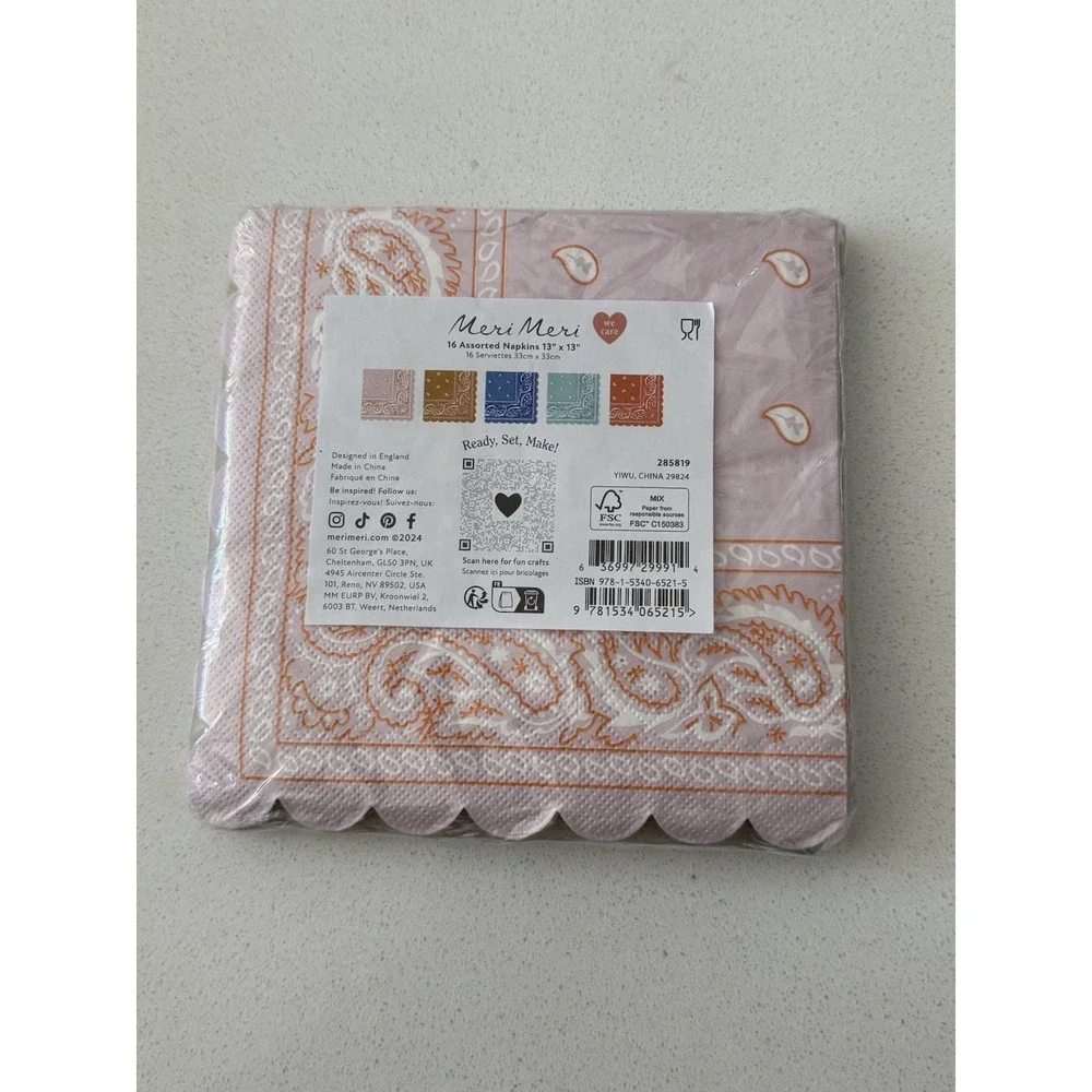 Meri Meri Western Multicolor Bandana Paper Napkins Scalloped 2 Packs Of 16‎ New